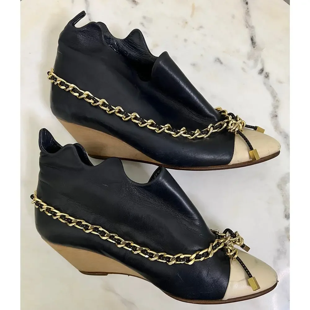 VINTAGE FALL 2008 BERNHARD WILLHELM GOLD CHAIN BLUE/BEIGE WEDGE BOOTIES SZ 7 - Picture 4 of 10